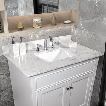 Montary 31inch bathroom vanity top stone carrara white new style tops with rectangle undermount ceramic sink and back splash with 3 faucet hole for bathrom cabinet