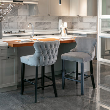 A&A Furniture,Contemporary Velvet Upholstered Wing-Back Barstools with Button Tufted Decoration and Wooden Legs, and Chrome Nailhead Trim, Leisure Style Bar Chairs,Bar stools, Set of 2 (Gray),SW1824GY