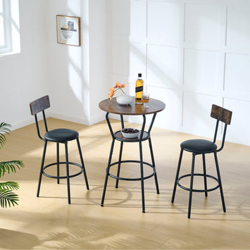 Round bar table and stool set with shelf, upholstered stool with backrest, Rustic Brown, 24.17