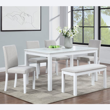 6 Piece Wooden Dining Table Set, Wooden Dining Table with 4 Upholstered Chairs and Bench for 6 People, Rectangular Dining Table Set with Crystal Decoration for Kitchen, Dining Room, White