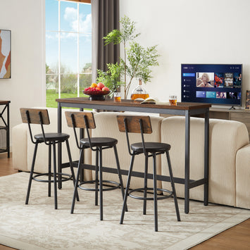 Long Bar Table Set with 3 PU Upholstered Bar Stools, Industrial Bar Table and Chairs for Kitchen Breakfast Table, Living Room, Banquet Hall, Rustic Brown and Black, 63″L x15.7