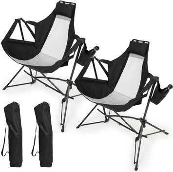 Hammock Camping Chair, Folding Portable Rocking Chair, Aluminum Alloy Adjustable Back Swinging Chair with Pillow Cup Holder, Recliner with Carry Bag for Outdoor Travel Lawn Backyard, Black (2pcs)