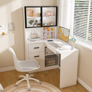Computer Desk with Glass Cabinets & Built-In LED Lights, Corner L-Shaped Office Desk with USB Charging Ports, Keyboard Tray, Ergonomic Design for Home and Corporate Workspaces(White)