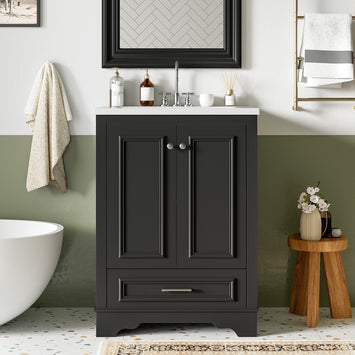 24'' Bathroom Vanity with Ceramic Sink Combo, Modern Freestanding Storage Cabinet with Silver Handles, Soft Closing Doors