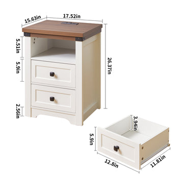 Farmhouse Side Table with Charging Station, Antique Nightstands with Drawers, Bedside Table with Open Shelf for Bedroom, White