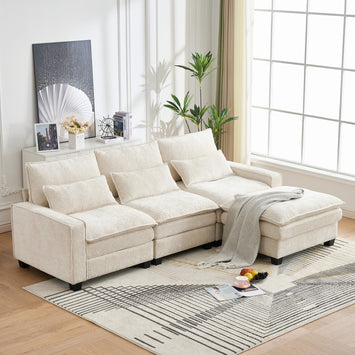 99'' Sectional Cloud Deep Seat Couch, Modern Comfy Chenille L Shaped Sectional Sofa for Living Room Set, Upholstered 4-Seats Sofa Couch with Movable Ottoman, Beige