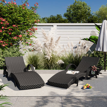 K&K 80'' Outdoor Wicker Chaise Lounge Chairs Set of 2, Patio Rattan Reclining Chair Pull-out Side Table w/ 5-Level Adjustable Backrest Ergonomic Wave Design Pool Sunbathing Recliners, Black