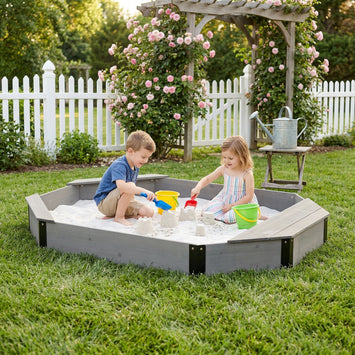 Octagon Sandbox with Storage for Kids, Solid Wood Sandpit with Cover and Liner for Backyard, Patio, Outdoor Play