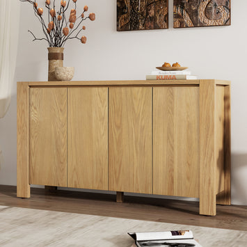 TREXM Buffet Cabinet with Storage, 4-Door Retro Wood Sideboard with Distressed Finish and Adjustable Shelves for Dining Room, Kitchen, and Living Room (Natural)