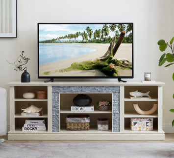 Large TV Desk Storage Rack with Faux Stacked Stone Surround,Media Console Table with Large Storage Cabinet,Modern TV Media Entertaionment Stand,WHITE, 70.12