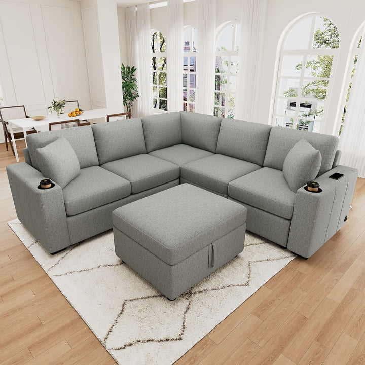 84.7" Sectional Sofa Convertible Pull-out Sofa Bed L-shaped Sofa U-shaped Sofa with a Movable Storage Ottoman for Living Room, Gray
