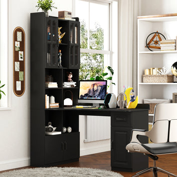 L-Shaped Corner Computer Desk for Home Office or Study desk, Study Modern Style Table with Drawers, Bookshelf & Hutch, 2-in-1 L-Shaped Design, Large Working Space,black