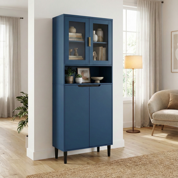 Tempered Glass Door Tall Storage Bookcase with adjustable board, 4 doors MDF painting finished cabinet, Navy Blue, Living room Bedroom storage