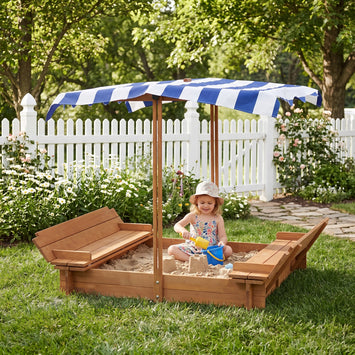 Kids Sandbox with Adjustable Cover, 46'' Wooden Sand Box with 2 Foldable Bench Seats, Outdoor Sandpit for Backyard Play