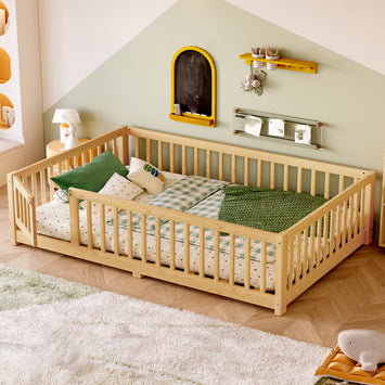 Full Size Bed Floor Bed with Safety Guardrails and Door for Kids, Natural(Old SKU: W1580P154627)