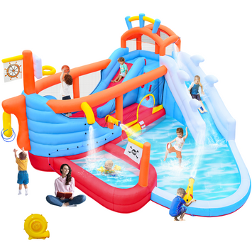 9 in1 Inflatable Slide Water Park Jump Area Dual Slides Climbing Wall Anchor Ring Toss Basketball Hoop Dual Water Guns Shallow and Bathing Poolsfor Kids