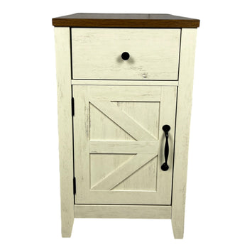 Farmhouse End Table with Charging Station,Night Stand with Barn Door and Drawer, Storage for Bedroom Living Room ,Bedside Table, Bedside Table Brown+white color