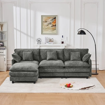 101.9-inch three-seater sofa, made of Chenille fabric, equipped with a movable footstool, modular design, suitable for various settings such as living rooms, bedrooms, and apartments.gray