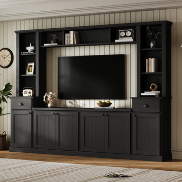 Minimalist Entertainment Wall Unit Set with Bridge for TVs Up to 75'', Ample Storage Space TV Stand with Adjustable Shelves, Modernist Large Media Console for Living Room, Black(NEW SKU: N721S000061B)