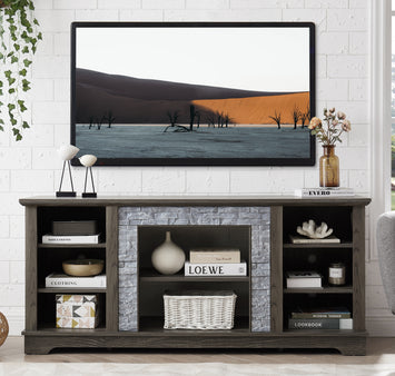 Mantel Stone TV Media Stand with with Faux Stacked Stone Surround, Modern Entertainment Console with Open Storage Space,Grey, 58.31