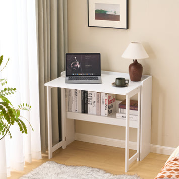 Folding Table with Storage Shelf,32.6 Inch Foldable Computer Desk for Small Spaces,Small Writing Desk for Bedroom Home Office Dorm and Apartment,White