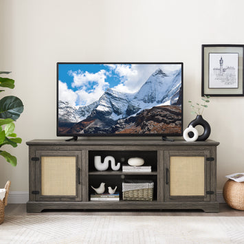 Farmhouse Rattan TV Stand Console Table for TVs up to 70 Inches, TV Console Table with 2 Storage Shelves, 2 Natural Rattan Door Cabinets, 65