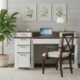 59" Farmhouse Office Desk With  Charging Station & Storage Cabinet, Barn Door Design Home Office Study Desk with File Drawer, Monitor Stand and Keyboard Tray for Office, Study, Living Room, White