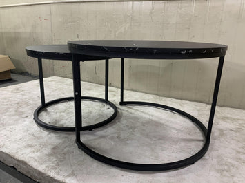 Nesting Coffee Table Set of 2, 27.6inch Round Coffee Table Wood Marble Pattern Top with Sturdy Metal Frame, End Table Side Tables for Living Room Bedroom Balcony Yard (Black)