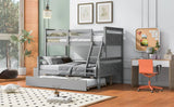Twin over Full Bunk Bed with Ladder, Twin Size Trundle, Safety Guardrail, Gray