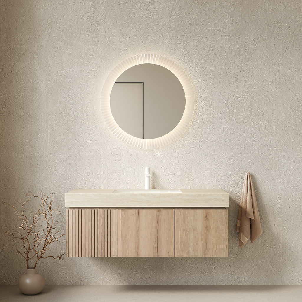 MURI 48" Bathroom Vanity&Sink, Floating Plywood Storage Cabinet with Drawer&Doors, Roma Travertine Sintered Stone Top&Ceramic Basin with 1 Pre-drilled Faucet Hole, Pre-assembled, White Oak Woodgrain