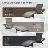 K&K 80'' Outdoor Wicker Chaise Lounge Chairs Set of 2, Patio Rattan Reclining Chair Pull-out Side Table w/ 5-Level Adjustable Backrest Ergonomic Wave Design Pool Sunbathing Recliners, Black