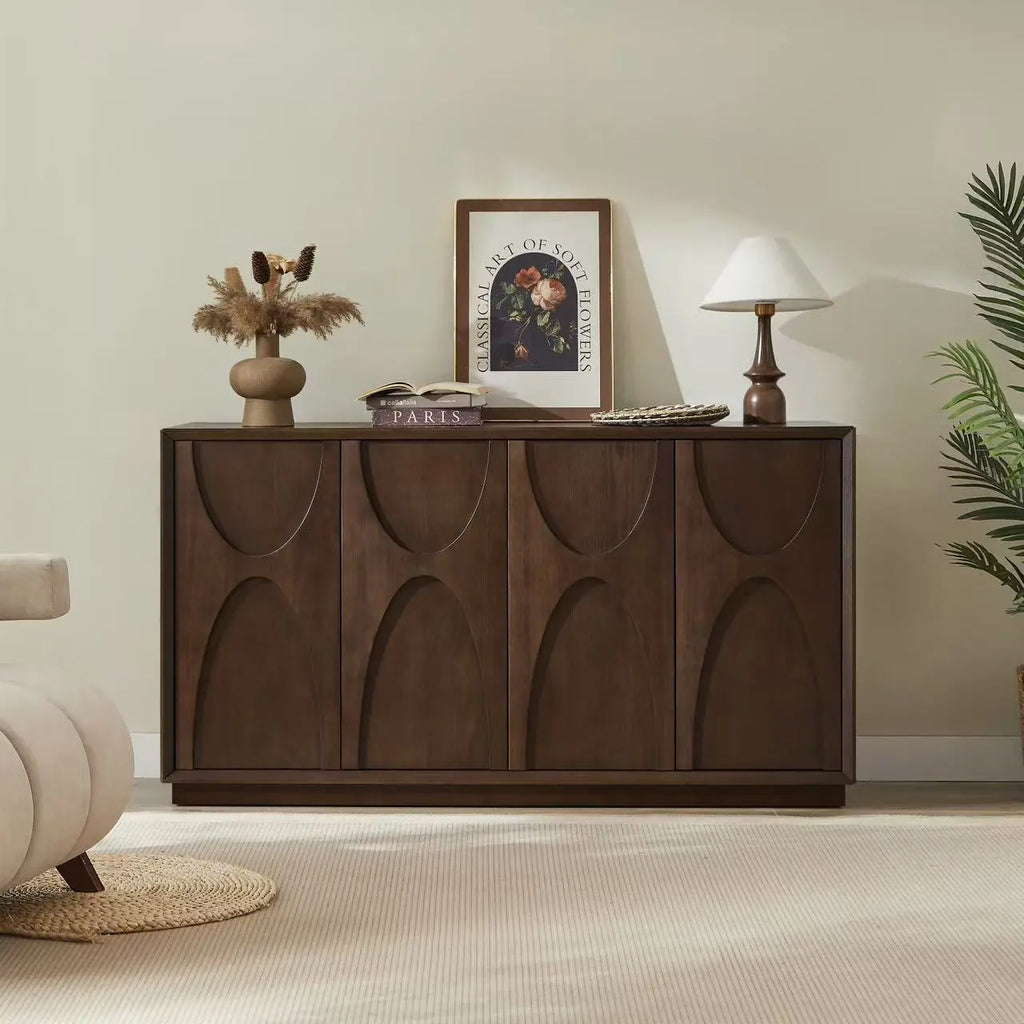 4 Door Accent Cabinet with Solid Wood Carved Doors, Adjustable Shelves, Push to Open Storage Cabinet with Cable Management, Ash Veneer Sideboard for Living Room,