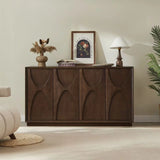 4 Door Accent Cabinet with Solid Wood Carved Doors, Adjustable Shelves, Push to Open Storage Cabinet with Cable Management, Ash Veneer Sideboard for Living Room,