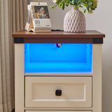 Farmhouse Side Table with Charging Station, Antique Nightstands with Drawers, Bedside Table with Open Shelf for Bedroom, White