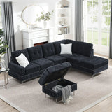 Sectional 3-Seaters Sofa with Chaise, Storage Ottoman, Metal Legs and Copper Nails,Two White Pillows ,Navy Bule(102" x 76" x35")