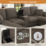 Modern U-shaped Sofa 116.9" Sectional Sofa Corduroy Upholstered Sofa Couch with Storage Ottomans, Cup Holders and USB Ports for Living Room, Brown