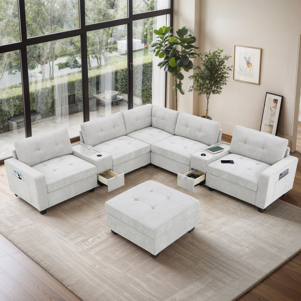 104'' Sectional Sofa with Acrylic Table Top,Chenille U Shaped Couch Set with 2 Consoles,USB Charger,Storage Drawers and Pockets,Movable Ottoman,Tufted Sofa for Living Room,Apartment,2 Colors