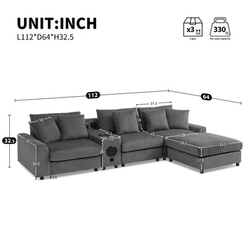 [VIDEO]112*64'' Corduroy Sectional Sofa with Bluetooth Speakers,L-Shaped Couch with Console,USB Charger,Cup Holders,Storage,Ottoman,Deep and Wide Seat Cloud Sofa for Living Room&Apartment,2 Colors