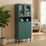 Tempered Glass Door Tall Storage Bookcase with adjustable board, 4 doors MDF painting finished cabinet, Navy Blue, Living room Bedroom storage