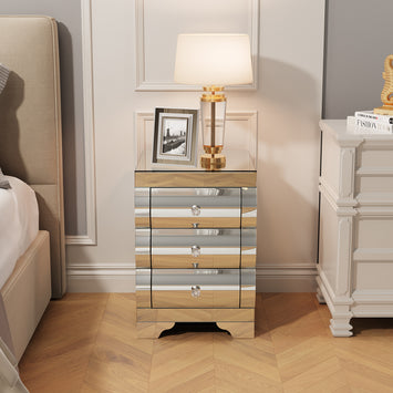 Baked curved mirror Nightstand with 3 Drawer Glass Bedside Table Chest of Drawers for Bedroom Small Spaces End Table for Living Room Fashion Bedroom Furniture Silver