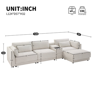 [VIDEO]124'' L-Shaped Sectional Sofa with Multi-Functional Storage Console, Wired&Wireless Charger, Movable Ottoman, Wider&Thicker Cushion, Free Combination for Living Room&Apartment, Chenille
