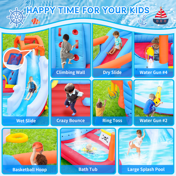 9 in1 Inflatable Slide Water Park Jump Area Dual Slides Climbing Wall  Anchor Ring Toss Basketball Hoop Dual Water Guns Shallow and Bathing Poolsfor Kids