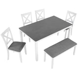 6-Piece Dining Table Set with Bench, Wood Dining Table Set for 6, Modern 6-Person Dining Table Set for Dining room, Kitchen, Grey & White two tone