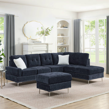 Sectional 3-Seaters Sofa with Chaise, Storage Ottoman, Metal Legs and Copper Nails,Two White Pillows ,Navy Bule(102