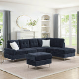 Sectional 3-Seaters Sofa with Chaise, Storage Ottoman, Metal Legs and Copper Nails,Two White Pillows ,Navy Bule(102" x 76" x35")