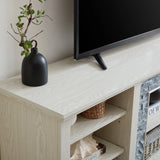 Large TV Desk Storage Rack with Faux Stacked Stone Surround,Media Console Table with Large Storage Cabinet,Modern TV Media Entertaionment Stand,WHITE, 70.12"W*15.35"D*25.83"H