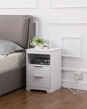 Nightstand with Charging Station,End Table with 2 Drawers,Wooden End Table with Drawer and Opening Shelf,Side Table for Bedroom, White