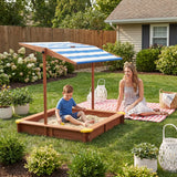 Kids Sandbox with Cover, 46" Wooden Sand Box w/Adjustable Canopy, Large Outdoor Cedar Sandpit for Backyard Play
