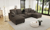 Modern U-shaped Sofa 116.9" Sectional Sofa Corduroy Upholstered Sofa Couch with Storage Ottomans, Cup Holders and USB Ports for Living Room, Brown