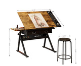 adjustable drawing drafting table desk with 2 drawers for home office and school with stool(brown)